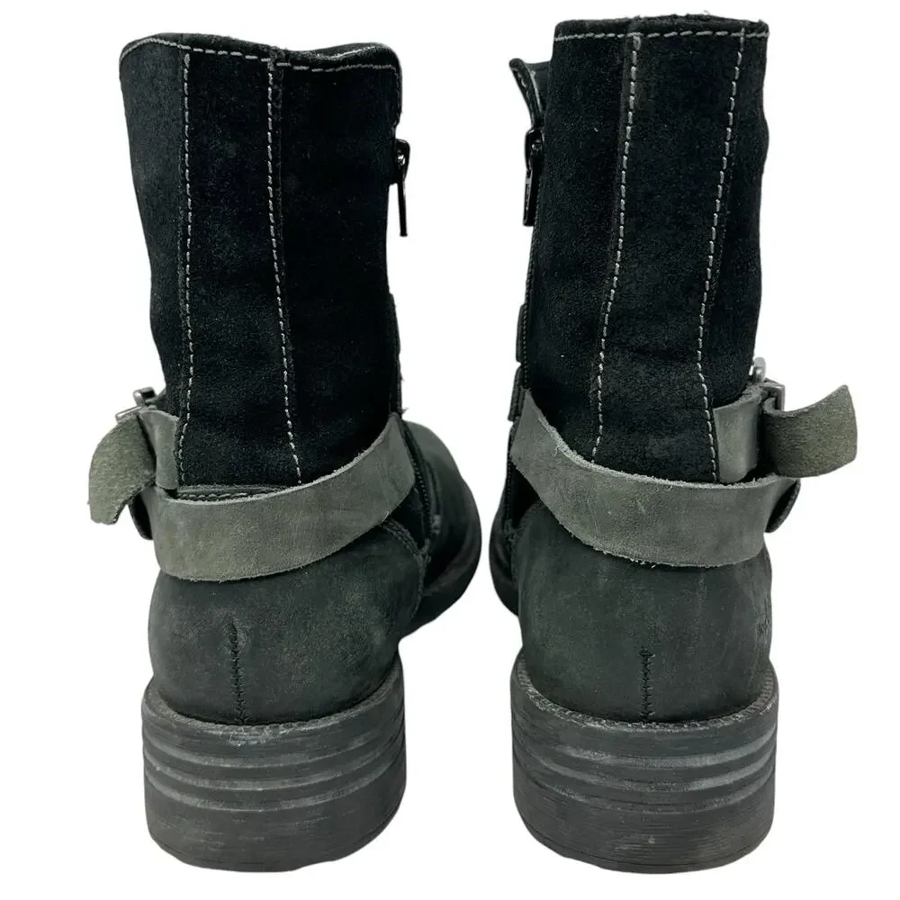 Bos. & Co. Devon Ankle Boots Womens 40/ 9.5 Black Leather Moto Harness Chunky